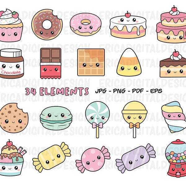 Kawaii sweets clipart Cute sweet candy clipart Food Cake Donut Cupcake Gumball machine Macaron Candies Cookie Ice cream Muffin Dessert Party