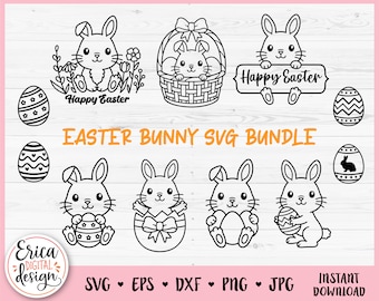 Easter Bunny SVG Bundle Cute Rabbit Easter Eggs Outline cut file for Cricut Silhouette Happy Easter Spring Kids Baby Shirt Laser Engraving