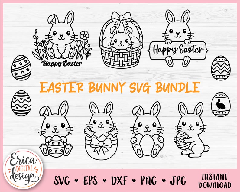 Easter Bunny SVG Bundle Cute Rabbit Easter Eggs Outline Cut File for ...