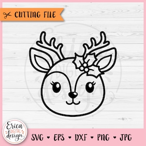 Renna faccia SVG file di taglio del contorno della renna di Natale Cricut Silhouette renna carina testa di cervo bosco animale bambino prima camicia di Natale