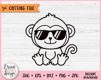 Baby Monkey with Sunglasses Outline SVG cut file for Cricut Silhouette Jungle Safari Zoo Savanna Animal PNG Iron on Vinyl Laser Engraving