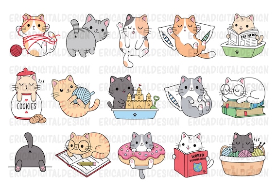 Funny Cats Clipart Cute Cat Clip Art Kawaii Kitten Kitty Icons 