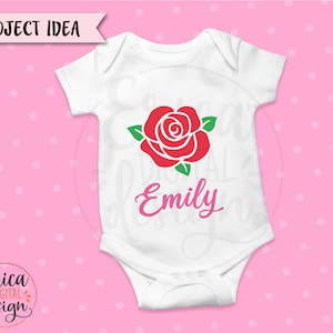 May include: White baby onesie with a red rose and green leaves. The name "Emily" is written in pink below the rose.