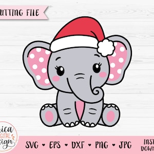 Elefante de Natal SVG arquivo de corte em camadas Elefante Menina com chapéu de Papai Noel Camisa de férias Body para bebê Silhueta de animal fofo Cricut Vinil Ferro em