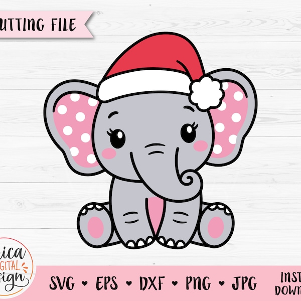 Christmas Elephant SVG layered cut file Elephant Girl with Santa hat Holiday Shirt Baby Bodysuit Cute Animal Silhouette Cricut Vinyl Iron on