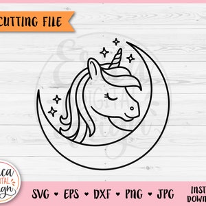 Niedliche Einhorn Umriss SVG Datei Cricut Silhouette Magische Einhorn auf Mond Baby Shower Baby Body Kinderzimmer Aufbügeln Lasergravur