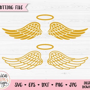 Vingar SVG Ängla Vingar skärfil Halo skärfil Vingar kontur Heaven Paradise Memorial Silhouette Cricut Vinyl Shirt Trägravyr Schablon