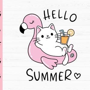 Hola verano SVG lindo gato lindo gato cortado en capas archivo Kawaii gato en flamingo lifebuoy archivo de corte Funny Beach Vacation Camisa Cricut Vinilo