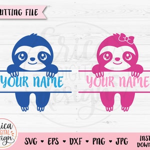 Preguiça SVG arquivo de corte Dividido Preguiça Nome Etiqueta Moldura Monograma Animal engraçado Bonito bebê preguiça Menino Menina Crianças Escola Silhueta Cricut Decalque de vinil