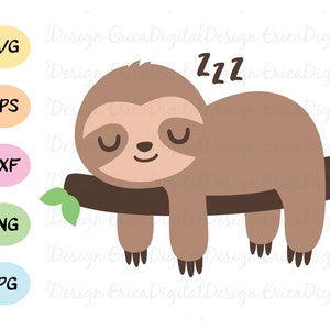Perezoso dormido SVG Kawaii bebé perezoso corte archivo divertido perezoso vector de corte archivo clipart EPS Dxf Silhouette Cameo Curio Cricut SCAL Vynil