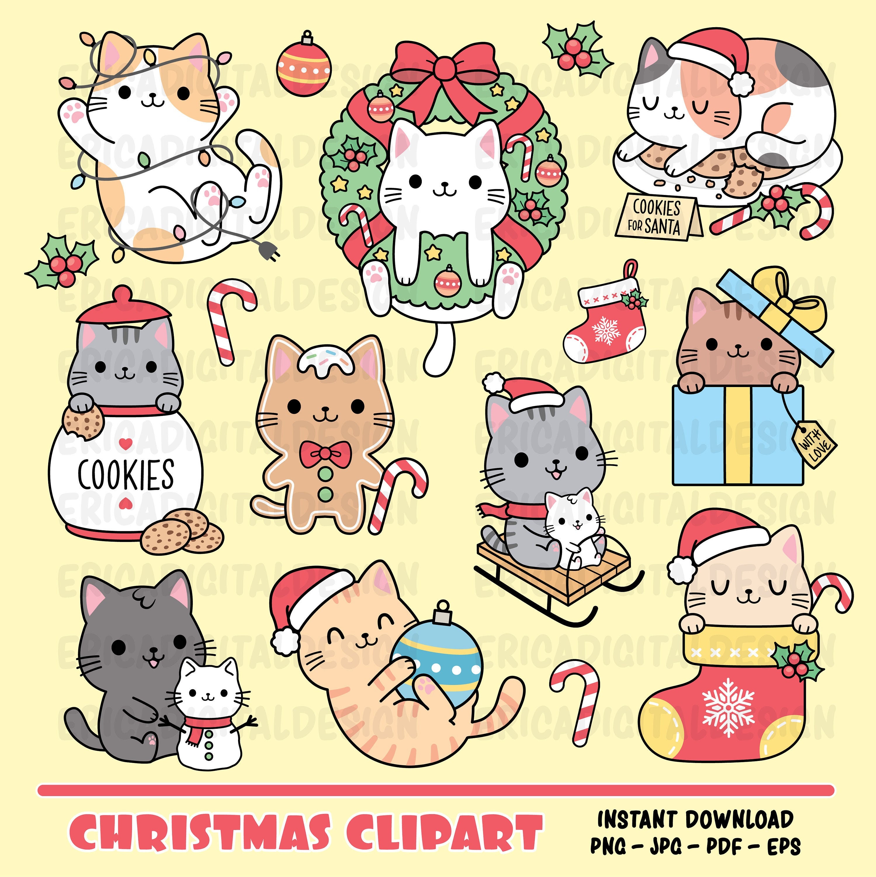 Navidad kawaii clipart set lindo gato digital clip art Funny - Etsy España