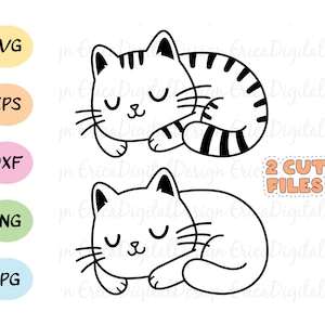 Cute sleeping outline SVG cut file Kawaii cat cutting file Kitty digital stamp Funny animal vector EPS DXF Silhouette Cricut Decal Vinyl
