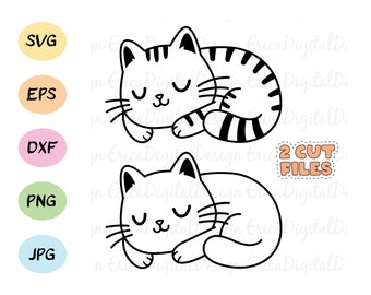 Süße schlafen Umriss SVG geschnitten Datei Kawaii Katze schneiden Datei Kitty digitalen Stempel lustige Tier Vektor EPS DXF Silhouette Cricut Aufkleber Vinyl