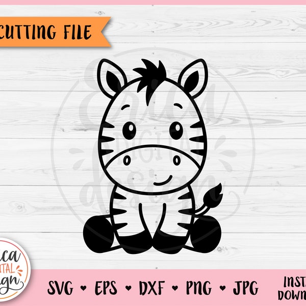 Cute Sitting Zebra Outline SVG cut file Cricut Silhouette Baby Zebra Jungle Safari Toddler Shirt Bodysuit PNG Iron on Vinyl Laser Engraving