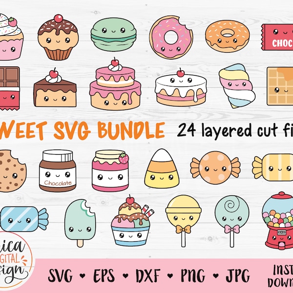 Sweets SVG Bundle Candy layered cut file Cricut Silhouette Cute Halloween Treats Kawaii Cupcake Lollipop Cake Donut Macaron Cookie ice cream