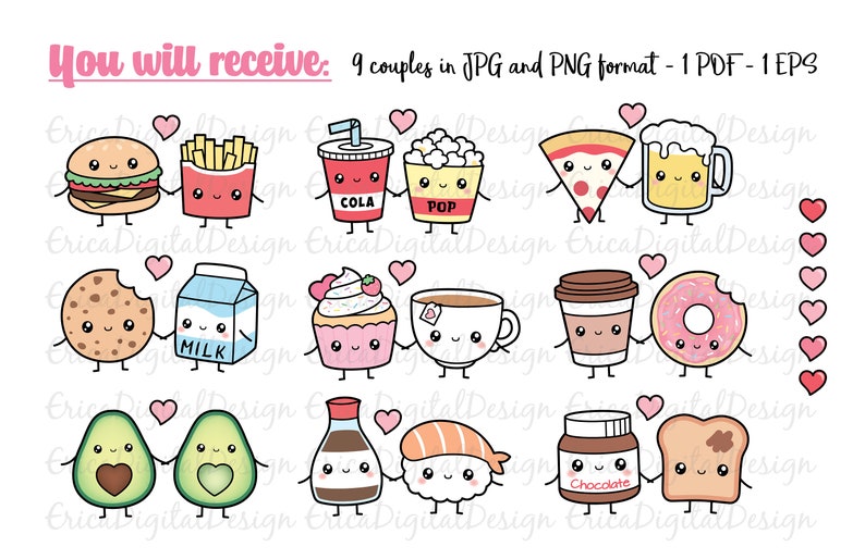 Perfect match kawaii clipart set Cute food clip art Friendship Best Friend Love Valentine Funny vector graphics Sweet Planner printables image 4