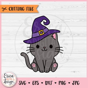 Witch Cat layered SVG cut file Cricut Silhouette Halloween Cat Cute Gray Cat with Witch Hat Fall Kids Halloween shirt Sitting Cat Clipart