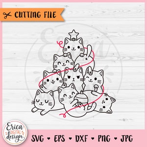 Arbre de Noël chat SVG chat mignon coupe fichier Cricut Silhouette chat de Noël drôle chemise chat Kawaii Clipart vacances Kitty amant fer sur vinyle