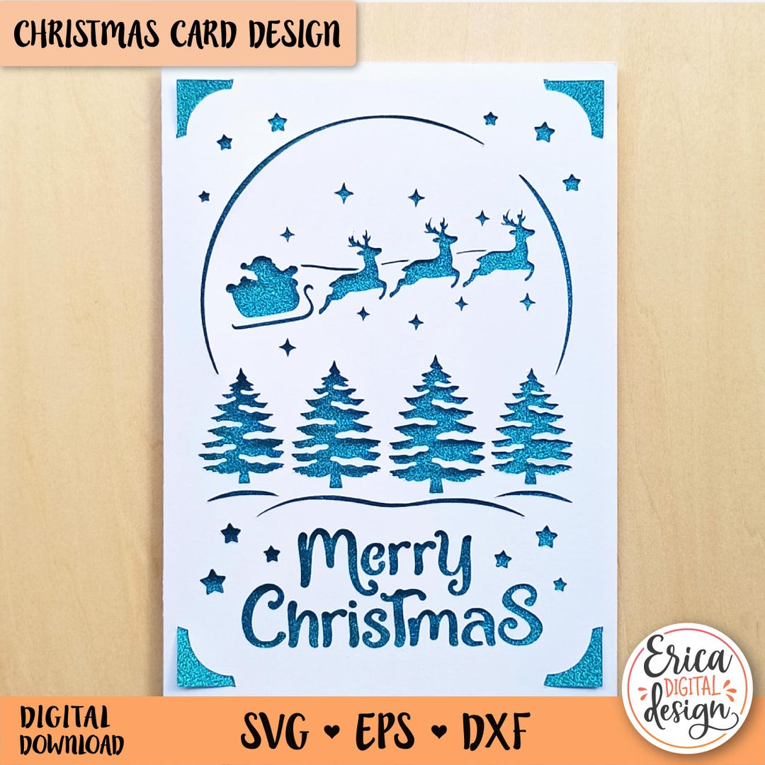 Merry Christmas Card SVG Santa Sleigh Cut File Cricut Silhouette Flying ...