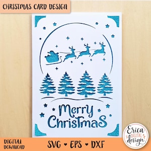 Buon Natale biglietto SVG Babbo Natale slitta file di taglio Cricut Silhouette Babbo Natale volante saluto inserire biglietto Natale renna cardmaking papercraft