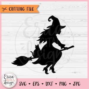 Könnte beinhalten: Schwarze Silhouette einer Hexe, die auf einem Besen mit einer schwarzen Katze fliegt. Die Hexe trägt einen spitzen Hut und hat langes Haar. Der Besen hat einen Stern am Ende.