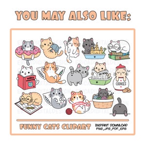 Puede incluir: Un conjunto de 15 im&aacute;genes de clipart digital que presentan gatos de dibujos animados lindos en varias situaciones humor&iacute;sticas. Los gatos se representan en diferentes poses y actividades, como leer libros, comer galletas y jugar con hilo. El clipart es perfecto para agregar un toque de fantas&iacute;a a tus proyectos digitales.