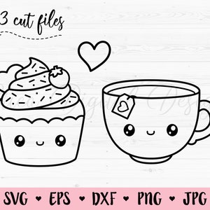 Cupcake & Teacup SVG geschnitten Datei Kawaii Essen süße Bäckerei perfekte Match Freundschaft beste Freund Valentine Silhouette Cricut Vinyl Aufkleber Shirt