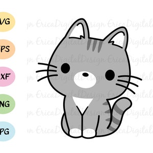 Gato SVG lindo gris gato corte archivo Kawaii gato archivo de corte Kitty vector divertido animal mascota silueta cameo cricut vinilo bebé body niños camisa