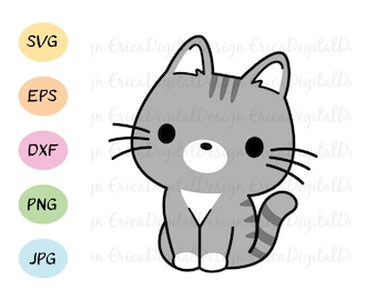 Chat SVG Cute Grey chat coupé fichier Kawaii chat de coupe fichier Kitty vecteur Drôle animal Pet Silhouette Cameo Cricut Vinyl Baby Bodysuit Kids Shirt
