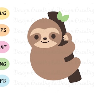 Baby sloth on branch cuttable SVG Kawaii cute sloth cut file Funny vector Layered cutting file EPS DXF Silhouette Cameo Curio Cricut Scal