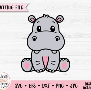 Hippo SVG Carino ippopotamo seduto file di taglio stratificato Cricut Silhouette Jungle Safari Zoo Wild Baby Animal clipart PNG Bambini Uso commerciale