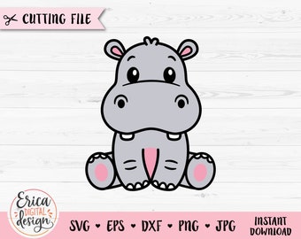 May include: A cartoon illustration of a gray hippopotamus with pink ears and feet. The hippopotamus is sitting with its legs crossed and has a big smile on its face.