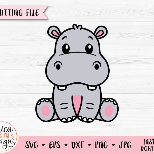 Hippo SVG Cute sitting hippopotamus layered cut file Cricut Silhouette Jungle Safari Zoo Wild Baby Animal clipart PNG Kids Commercial use