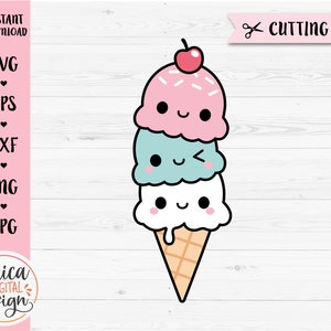 Ice Cream SVG Cut File Triple Ice Cream Cone Sommer Party Dessert Süßes Essen Clipart Strand Urlaub Süßigkeiten Kinder Shirt Silhouette Cricut Vinyl