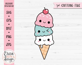 Ice Cream SVG cut file Triple Ice Cream Cone Summer Party Dessert Cute Food clipart Beach Vacation Sweets Kids Shirt Silhouette Cricut Vinyl