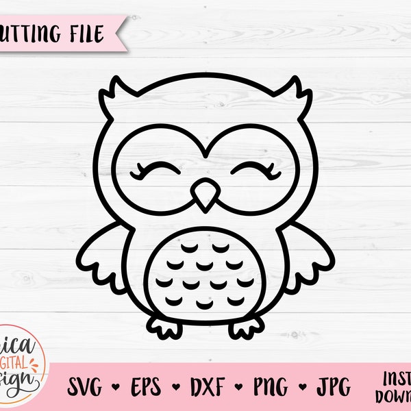 Owl Outline SVG Cute owl cut file Baby Shower Girl Shirt Bodysuit Sweet owl Kawaii Bird Kids Silhouette Cricut Vinyl Decal Laser Engraving