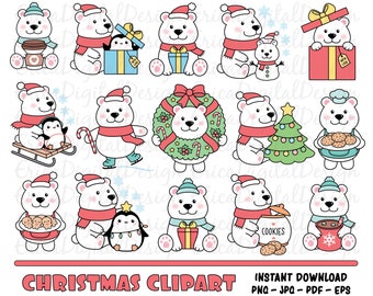 May include: A set of 12 Christmas clip art images featuring cute polar bears in various holiday scenes. The bears are wearing red and white Santa hats and scarves, holding gifts, cookies, and other festive items. The images are perfect for creating holiday cards, invitations, and other festive crafts.