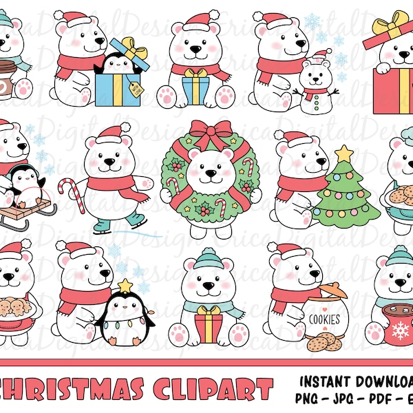 Christmas polar bear kawaii clipart Cute bears digital clipart Funny winter planner clipart Christmas printables Holiday Vector graphic Snow