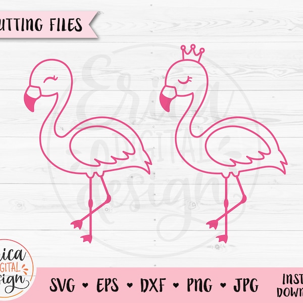 Flamingo Outline SVG cut file Cute Pink Flamingo Crown Summer Beach Vacation Princess Girl Tropical Animal Cricut Silhouette Vinyl Engraving