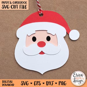 Étiquette cadeau visage père Noël SVG Noël coupe Cricut Silhouette tête de père Noël papier cartonné Noël Papercraft ornement de vacances Étiquette nom de Noël de Noël