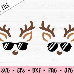 Volto renna SVG Renna di Natale Occhiali da sole taglio file Divertente Cervo testa Natale Camicia ragazzo Cool Holidays baby body Silhouette Cricut Vinile
