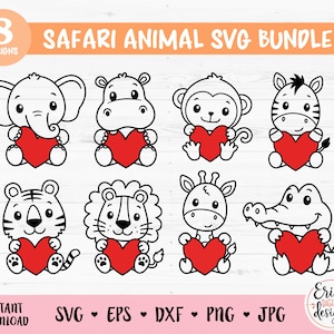 Safari Animals with Heart SVG cut file Cricut Silhouette Cute African Jungle Animal Lion Tiger Hippo Giraffe Zebra Monkey Zoo Savanna Kids