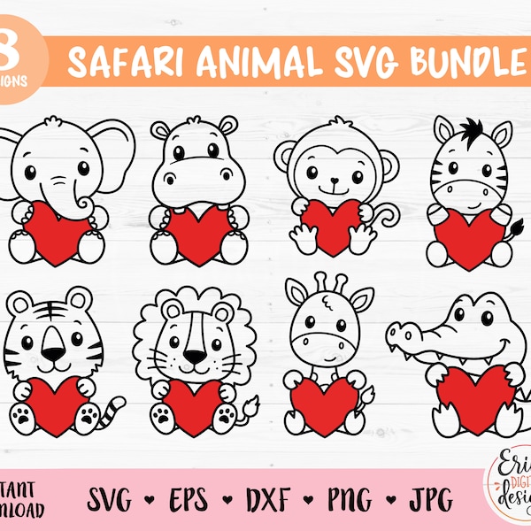 Safari Animals with Heart SVG cut file Cricut Silhouette Cute African Jungle Animal Lion Tiger Hippo Giraffe Zebra Monkey Zoo Savanna Kids