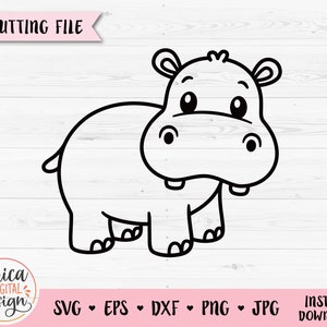 Hippo SVG Cute Hippopotamus Contorno tagliato file Cricut Silhouette Jungle Safari Zoo Animal clipart PNG Baby Kids Incisione laser Timbro digitale