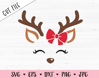 Reindeer face SVG Christmas reindeer with bow cut file Cute Santa deer head Xmas Girl shirt Holidays baby bodysuit Silhouette Cricut Vinyl