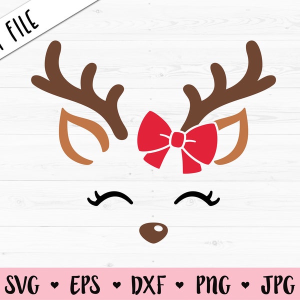 Reindeer face SVG Christmas reindeer with bow cut file Cute Santa deer head Xmas Girl shirt Holidays baby bodysuit Silhouette Cricut Vinyl