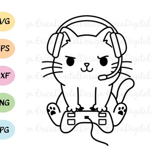 Gamer cat SVG cut file Funny nerd geek cat Jeux vidéo fichier de découpe Gaming fichier de découpe Silhouette Cricut Vinyl decal Stencil Gravure sur bois