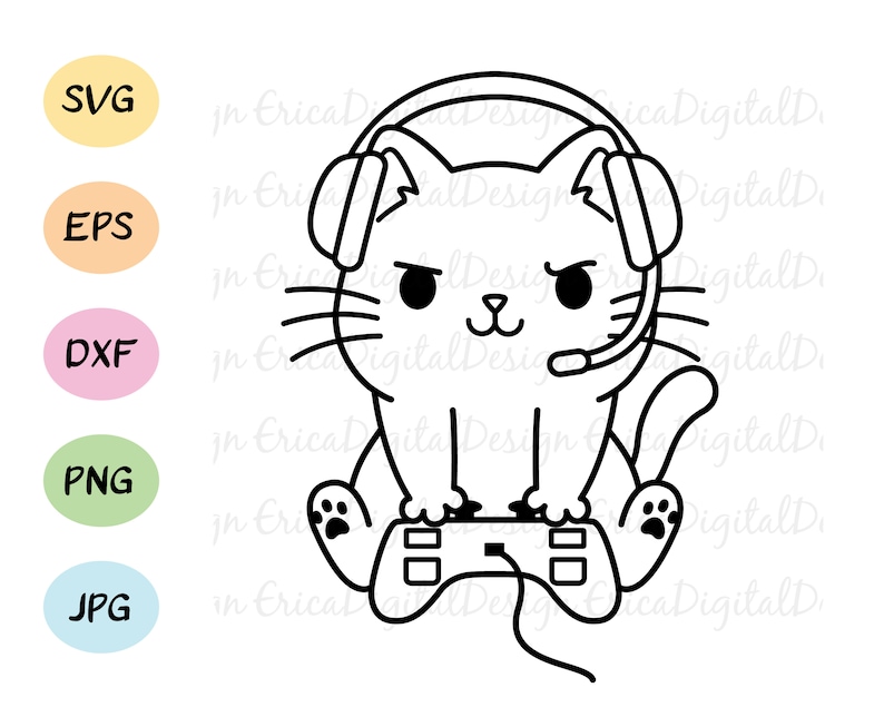 Puede incluir: Un dibujo en blanco y negro de un gato con auriculares y sosteniendo un mando de videojuegos. El gato tiene una expresi&oacute;n seria en su rostro.