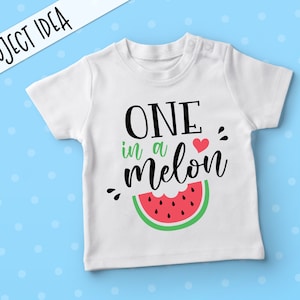May include: White baby onesie with the text "ONE in a melon" in black script with a red heart and a watermelon graphic.