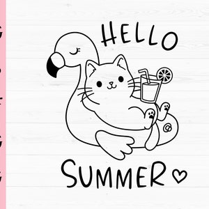 Bonjour été SVG Mignon chat coupé fichier Outline Kawaii chat sur flamants roses bouillante fichier de coupe Funny Beach Vacation Shirt Silhouette Cricut Vinyl